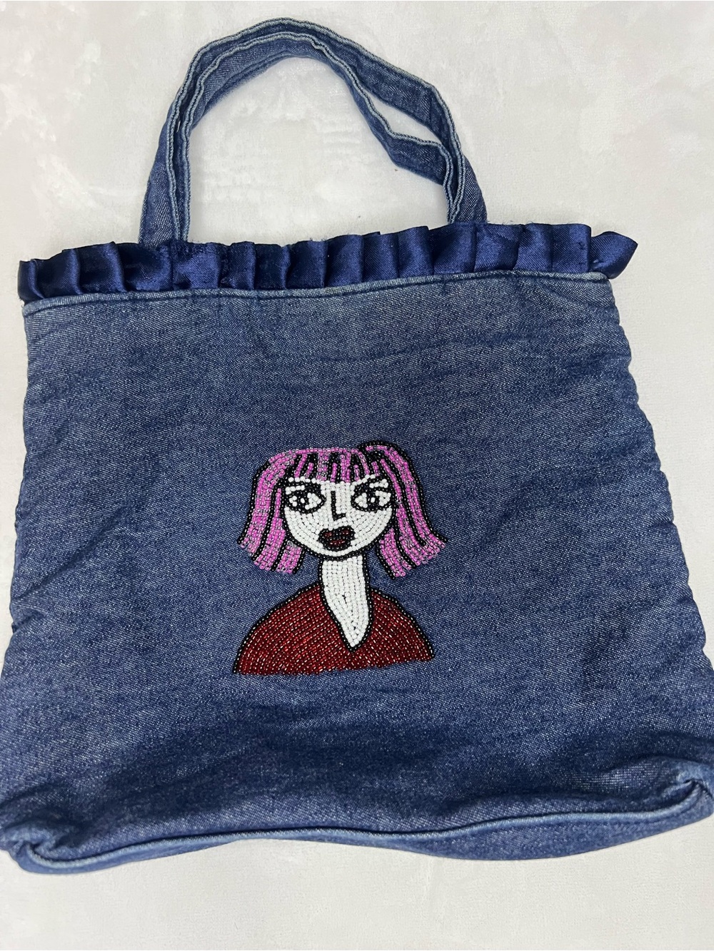 Denim Tote with Pink Beaded Portrait Detail
